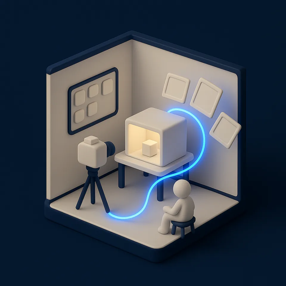 Ilustração isométrica de um estúdio fotográfico: câmera em tripé, produto em caixa de luz e pessoa registrando o processo
