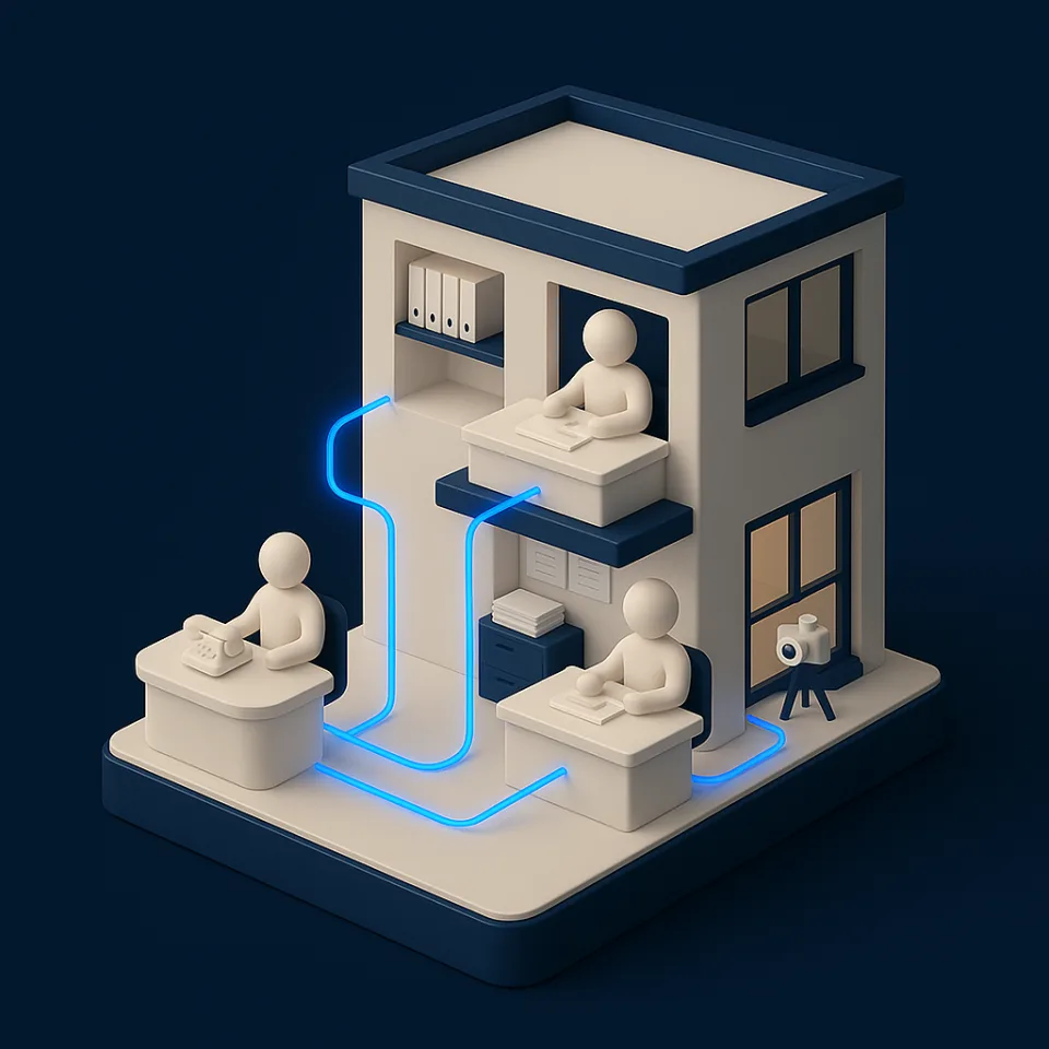 Ilustração isométrica do mundo Cognitiva: prédio da empresa com equipes e fluxos conectados