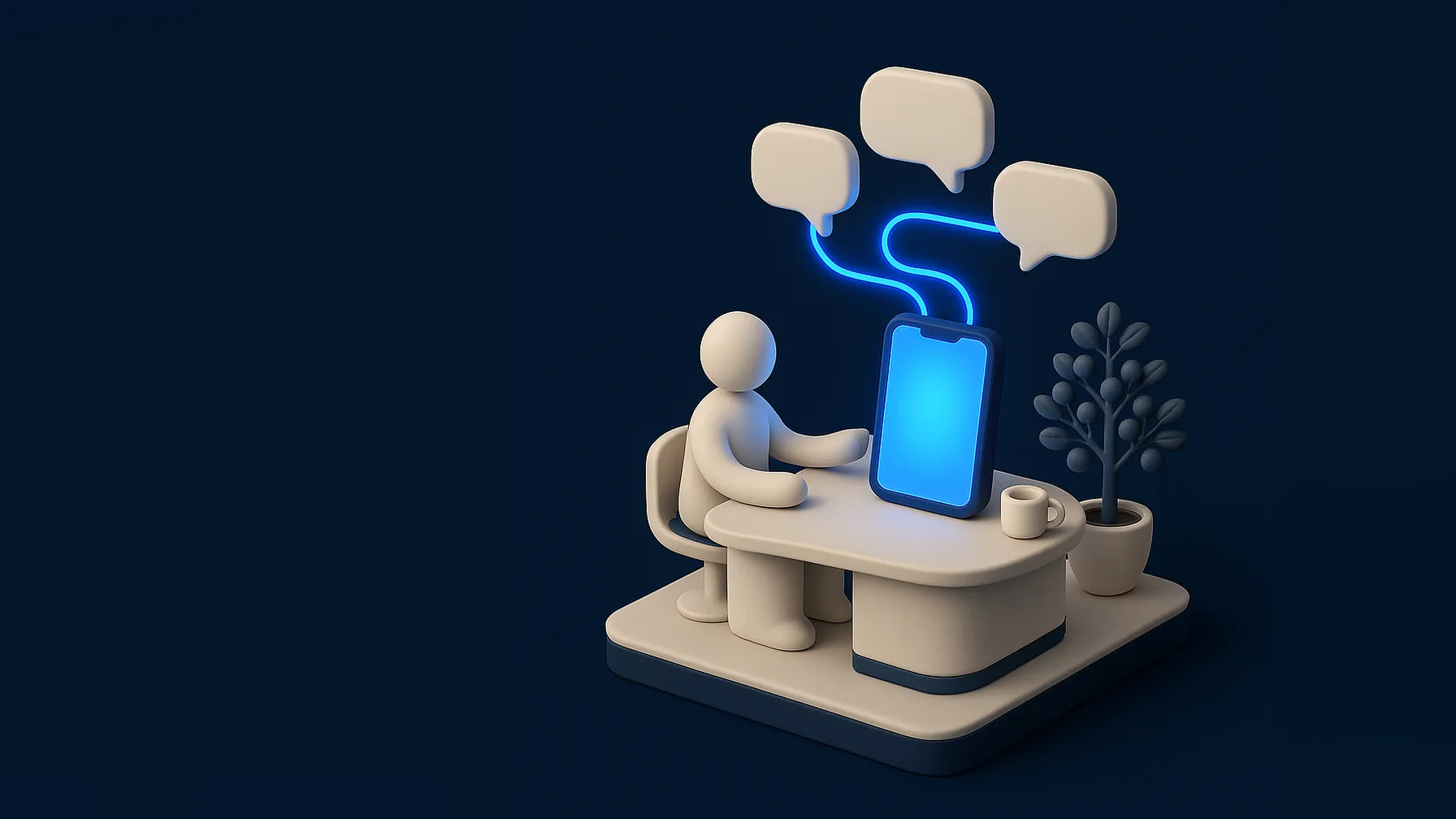Cena isométrica de atendimento em miniatura de argila: uma figura sentada numa mesa com um smartphone brilhante, três balões de conversa flutuando conectados por um filete de luz azul.