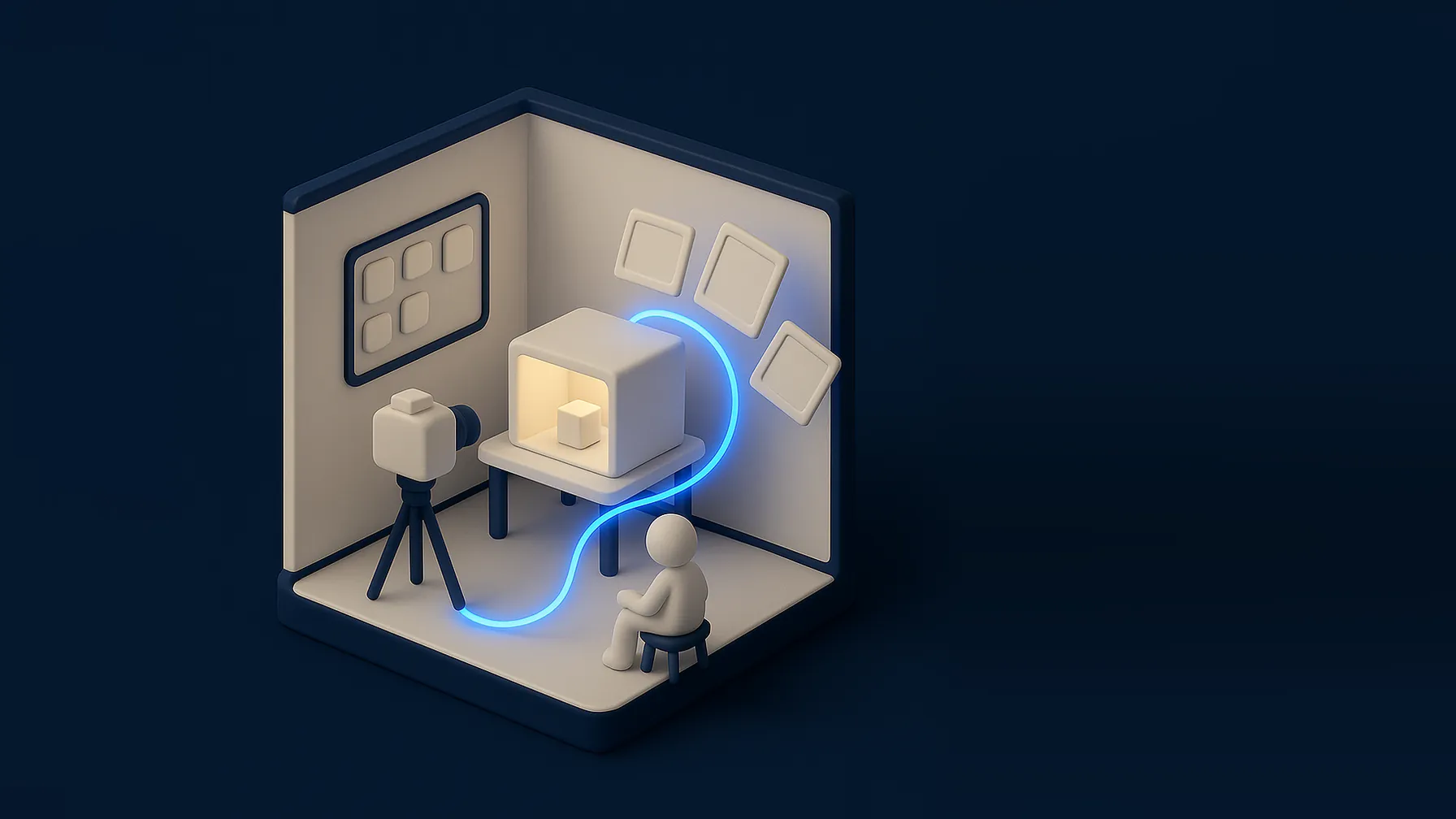 Cena isométrica de um estúdio de conteúdo em miniatura de argila: câmera num tripé apontada para um mini produto numa caixa de luz, quadro de planejamento na parede, molduras voando por um filete de luz azul.