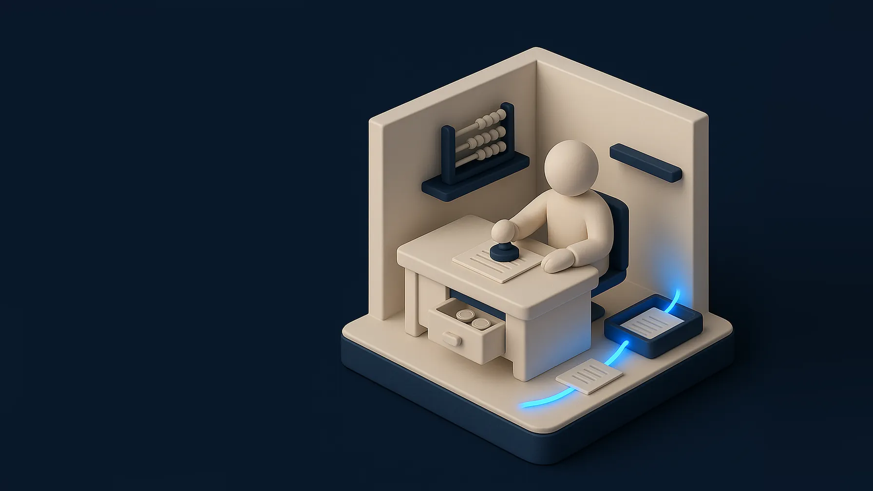 Cena isométrica de uma mesa financeira em miniatura de argila: uma figura carimba notas fiscais enquanto papéis fluem por um filete de luz azul até uma bandeja organizada, ao lado de uma gaveta de caixa aberta.